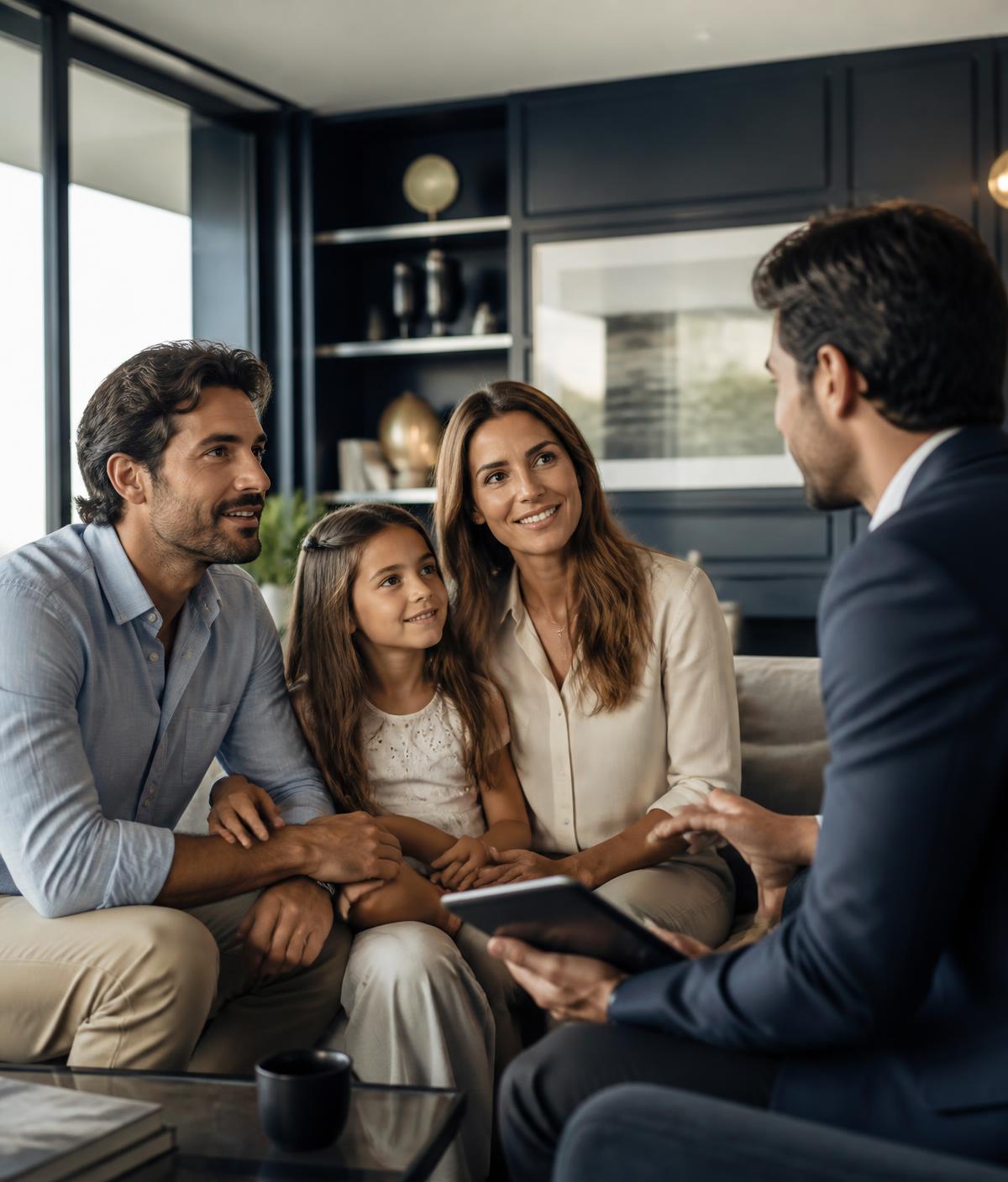 Consultora da DMG orientando uma família sobre proteção